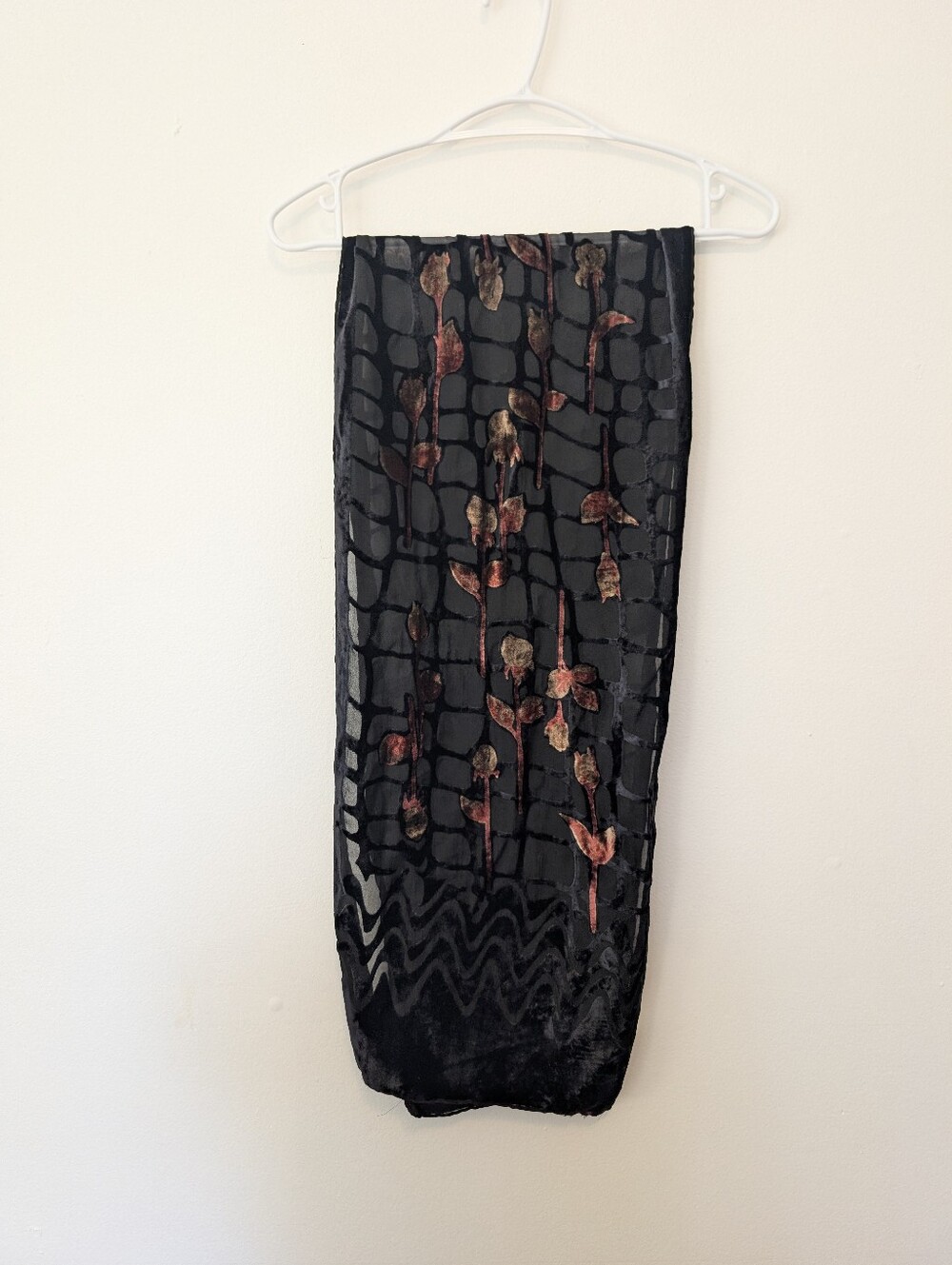 100% Silk Velvet Burnout Scarf Black Bronze Floral Rose Grid Devore Wrap Shawl